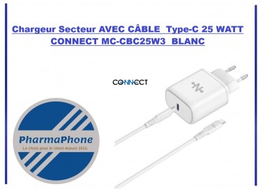 Chargeur Secteur AVEC CÂBLE  Type-C 25 WATT  CONNECT MC-CBC25W3  BLANC - EMPLACEMENT: Z02- B105 - E08