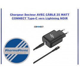 Chargeur Secteur AVEC CÂBLE  Type-C 25 WATT  CONNECT MC-CBC25W3  NOIR - EMPLACEMENT: Z02- B100 - E03