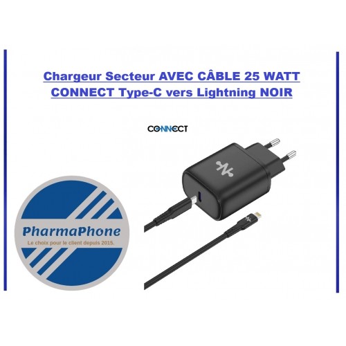 Chargeur Secteur AVEC CÂBLE  Type-C 25 WATT  CONNECT MC-CBC25W3  NOIR - EMPLACEMENT: Z02- B100 - E03
