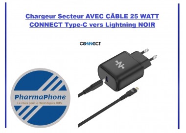 Chargeur Secteur AVEC CÂBLE 25 WATT  CONNECT Type-C vers Lightning NOIR - EMPLACEMENT: Z02-B105-E07